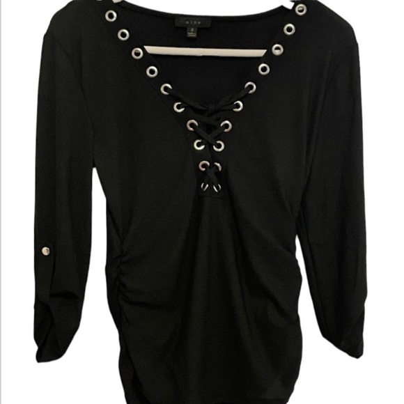 mine Tops - Black Grommet Lace Neck Top With Rolled Tab Sleeves and Cinch Waist Size Small